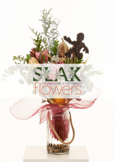 SLAK Flowers logo against a native floral arrangement